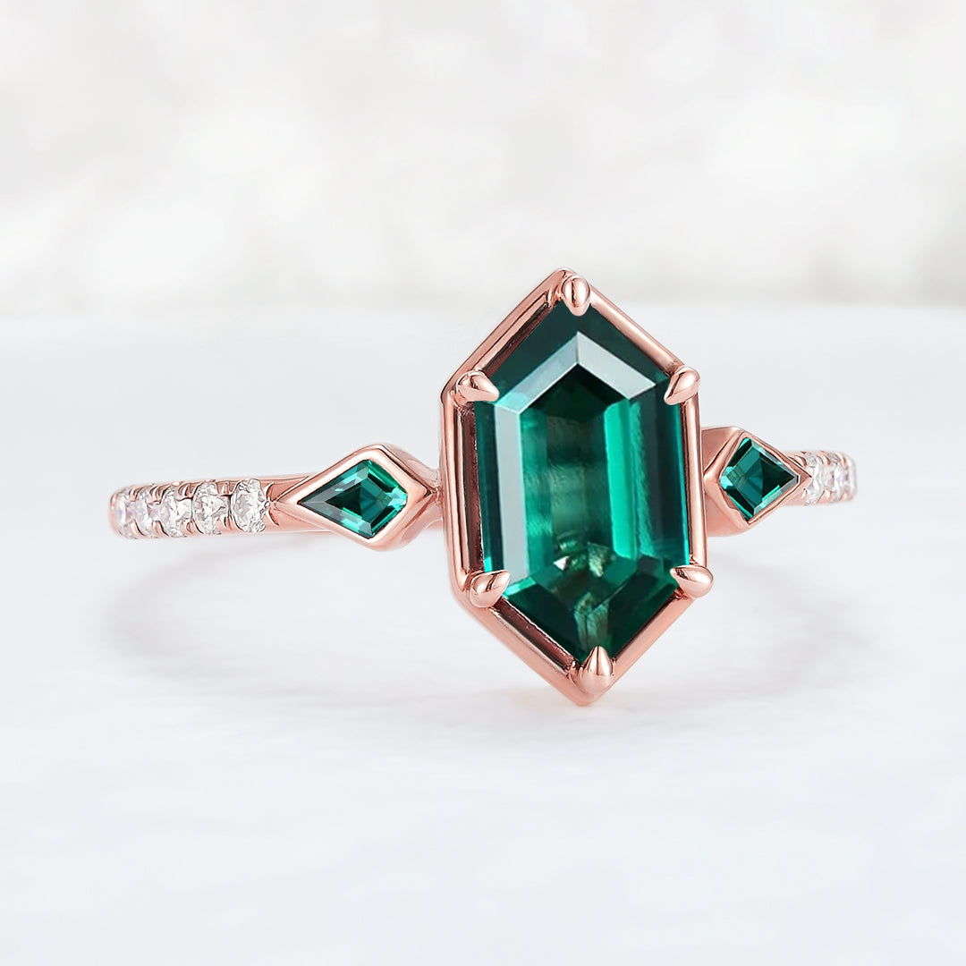 Unique Hexagon Cut Emerald Three Stone Half Eternity Engagement Ring - Iver Jewelry