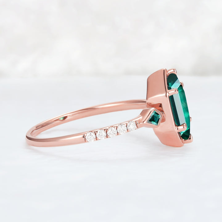 Unique Hexagon Cut Emerald Three Stone Half Eternity Engagement Ring - Iver Jewelry