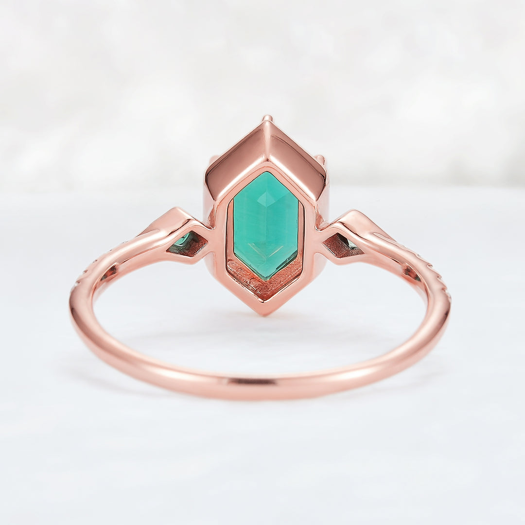 Unique Hexagon Cut Emerald Three Stone Half Eternity Engagement Ring - Iver Jewelry