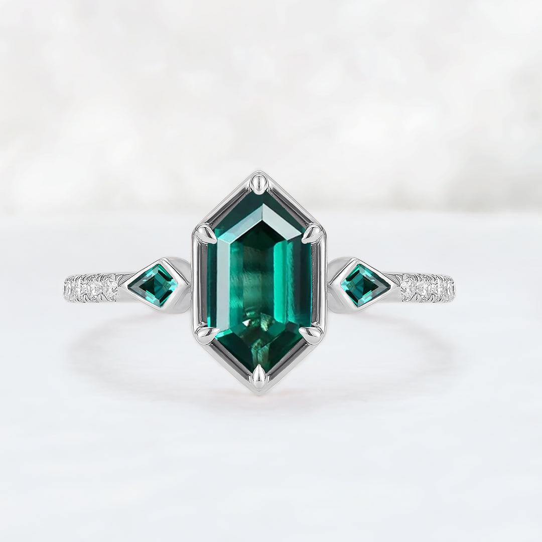 Unique Hexagon Cut Emerald Three Stone Half Eternity Gemstone Ring