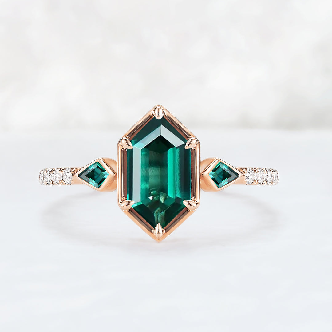 Unique Hexagon Cut Emerald Three Stone Half Eternity Gemstone Ring
