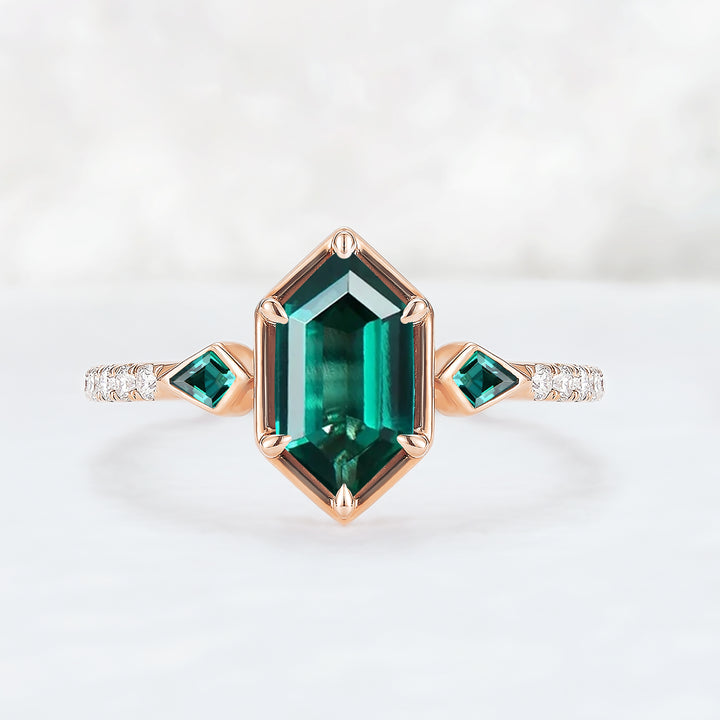 Unique Hexagon Cut Emerald Three Stone Half Eternity Gemstone Ring