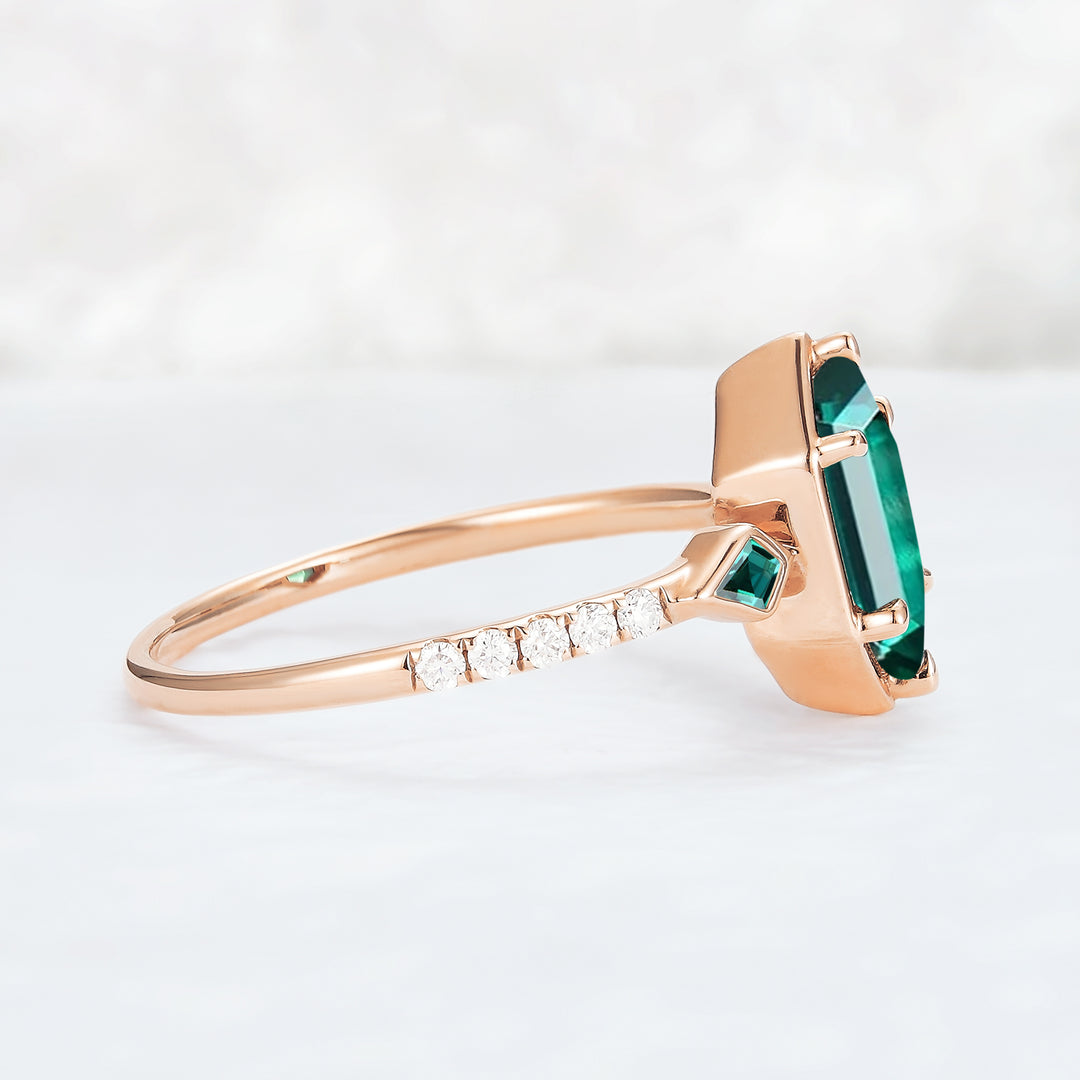 Unique Hexagon Cut Emerald Three Stone Half Eternity Gemstone Ring