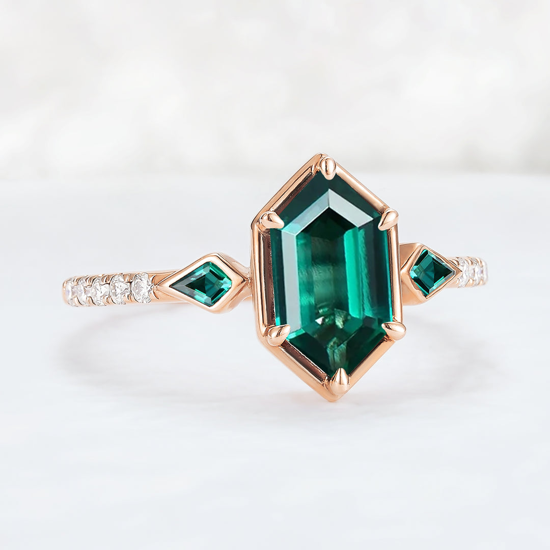 Unique Hexagon Cut Emerald Three Stone Half Eternity Gemstone Ring