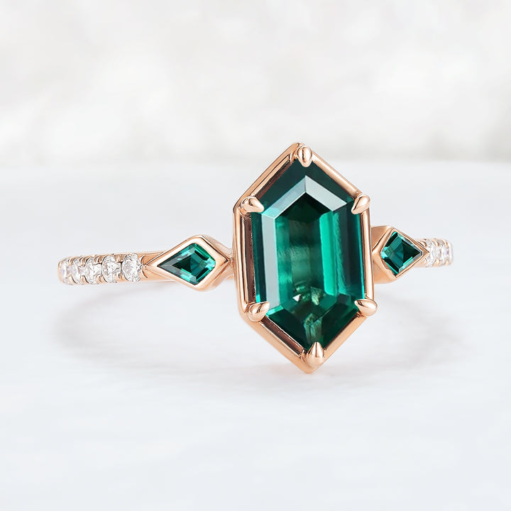 Unique Hexagon Cut Emerald Three Stone Half Eternity Gemstone Ring