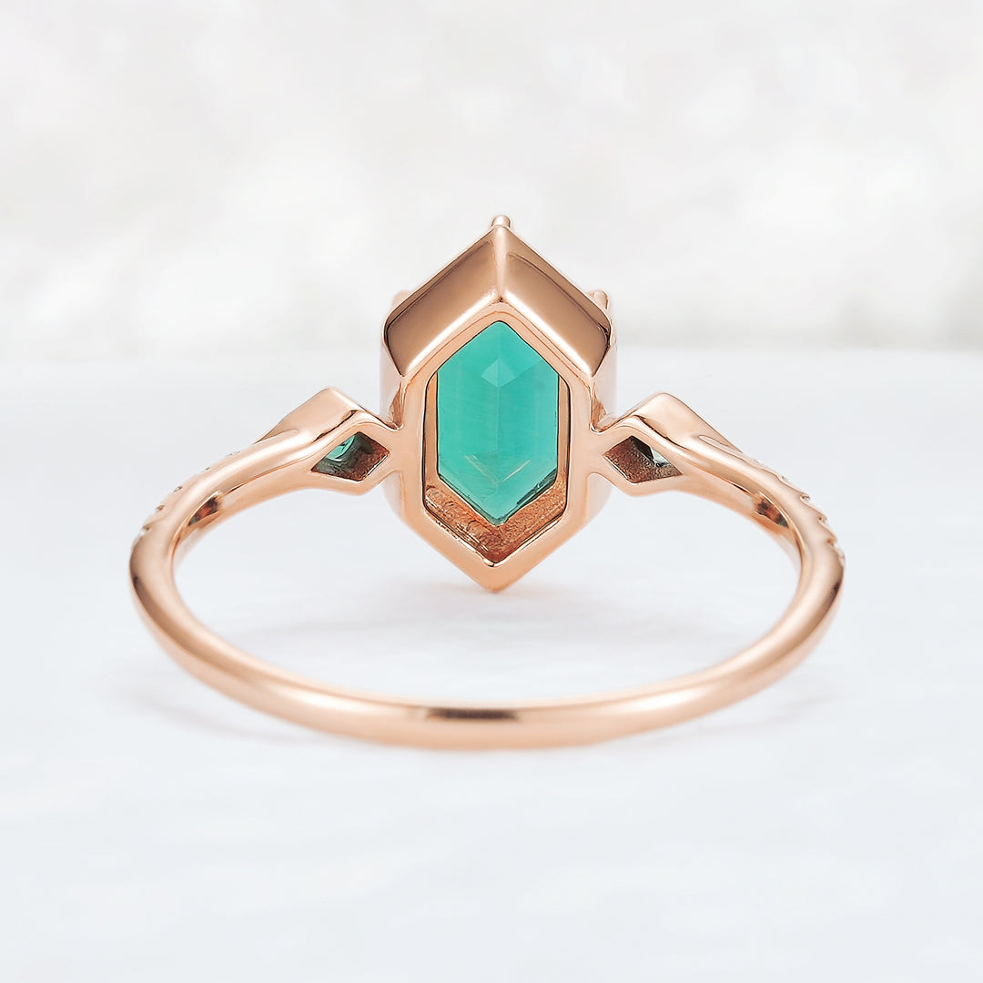 Unique Hexagon Cut Emerald Three Stone Half Eternity Gemstone Ring
