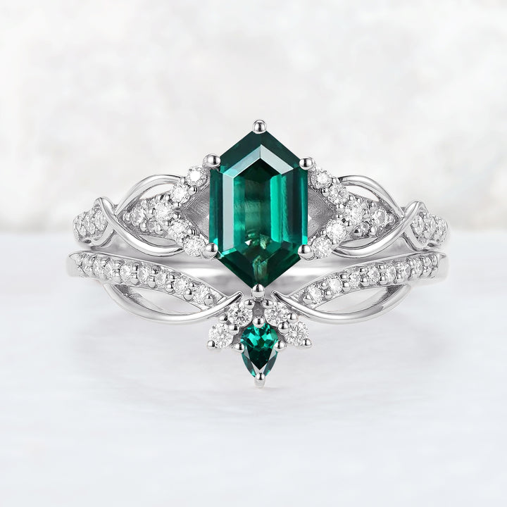 Unique Hexagon Cut Emerald Vine Gemstone Ring Set 2pcs