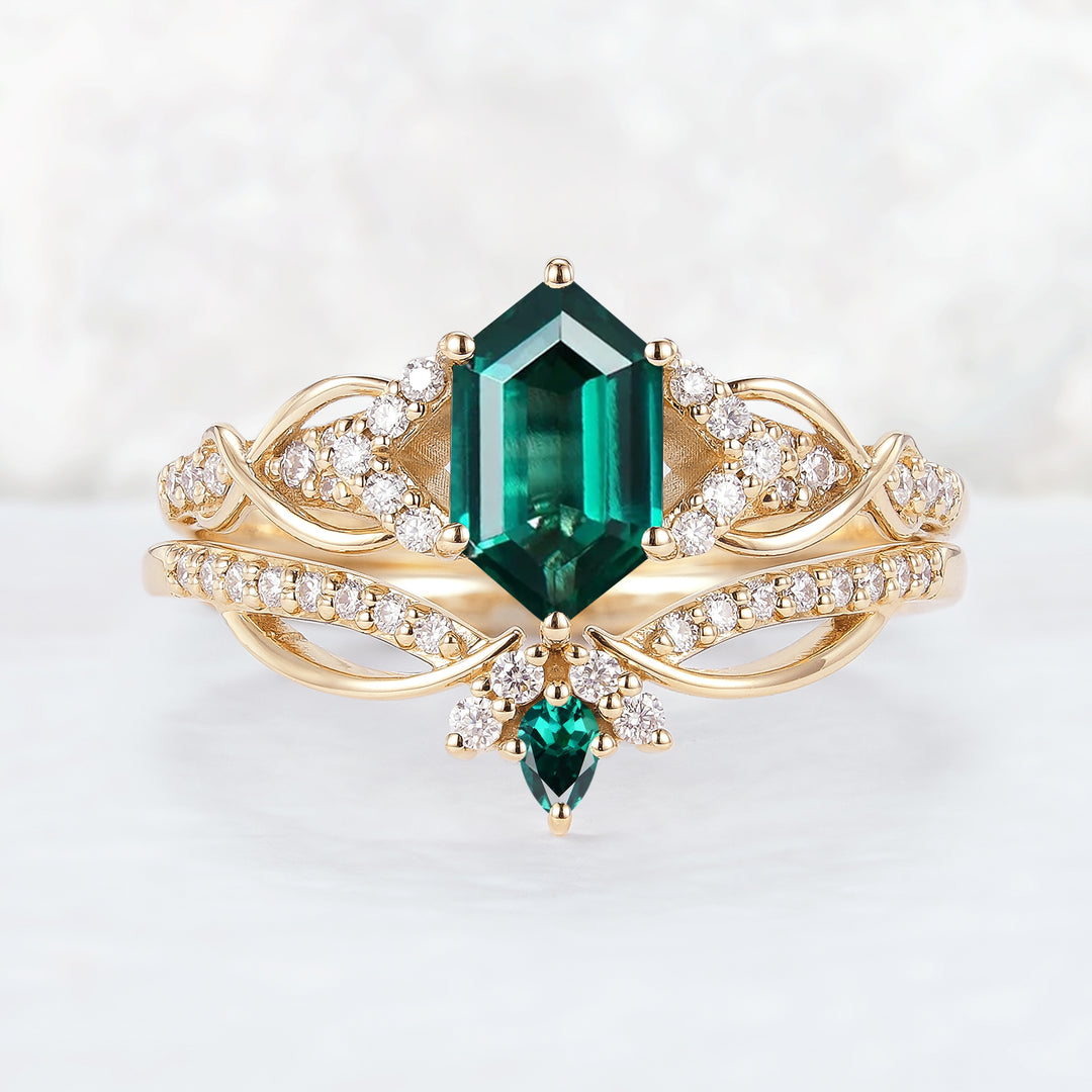 Unique Hexagon Cut Emerald Vine Gemstone Ring Set 2pcs
