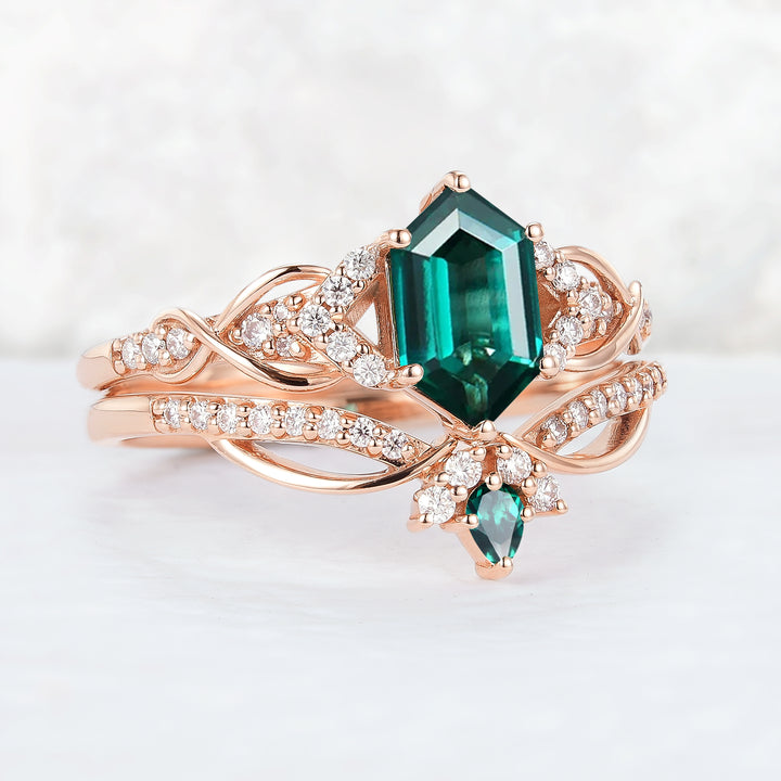Unique Hexagon Cut Emerald Vine Gemstone Ring Set 2pcs