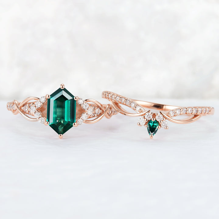 Unique Hexagon Cut Emerald Vine Gemstone Ring Set 2pcs