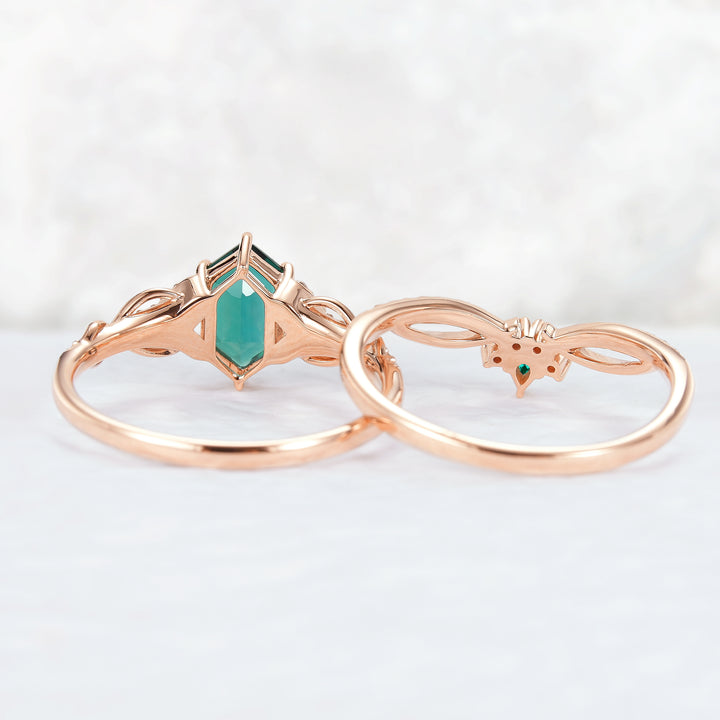 Unique Hexagon Cut Emerald Vine Gemstone Ring Set 2pcs