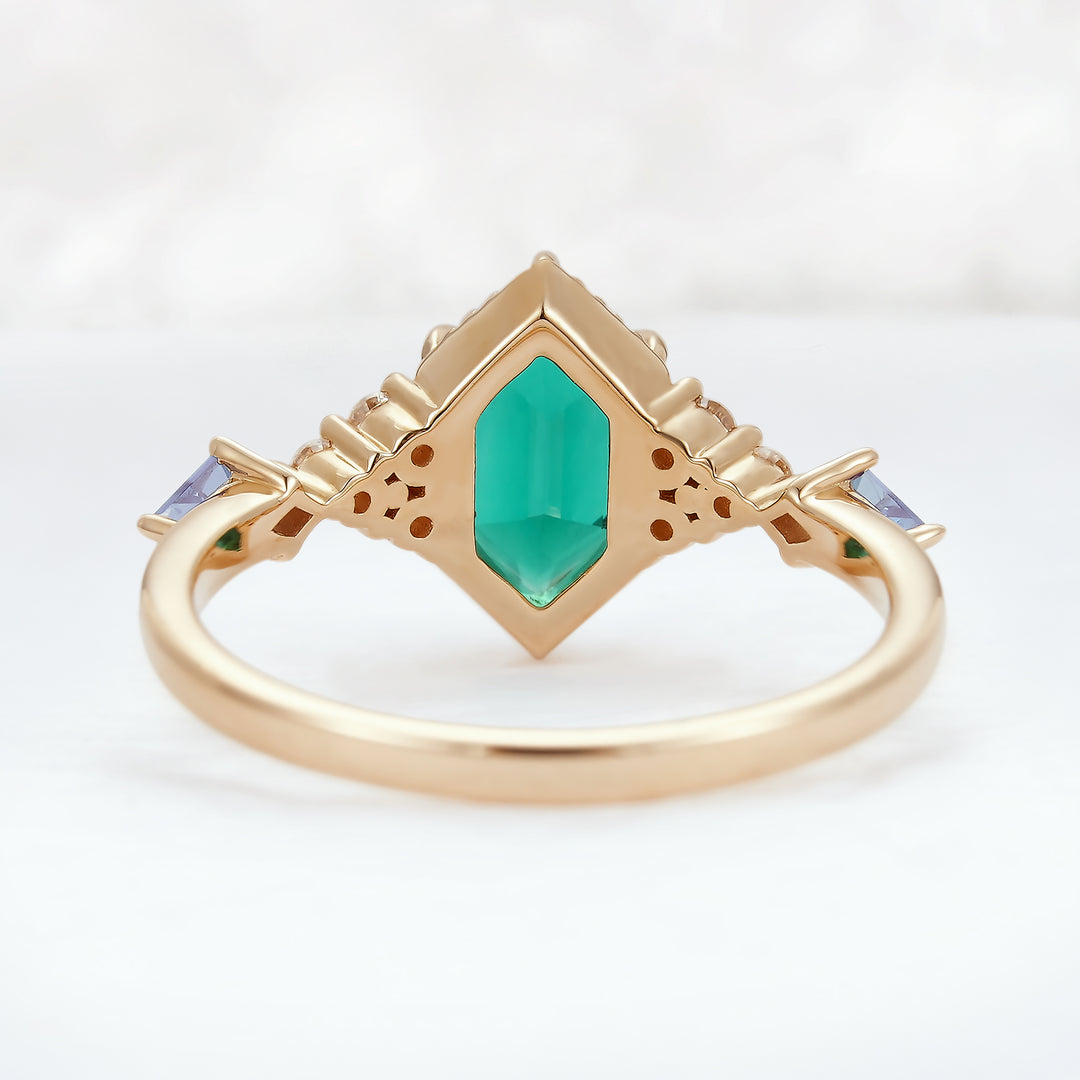 Unique Hexagon Cut Emerald and Moissanite Ring - Iver Jewelry