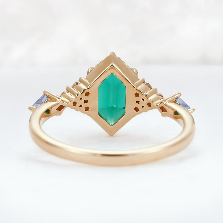 Unique Hexagon Cut Emerald and Moissanite Ring - Iver Jewelry