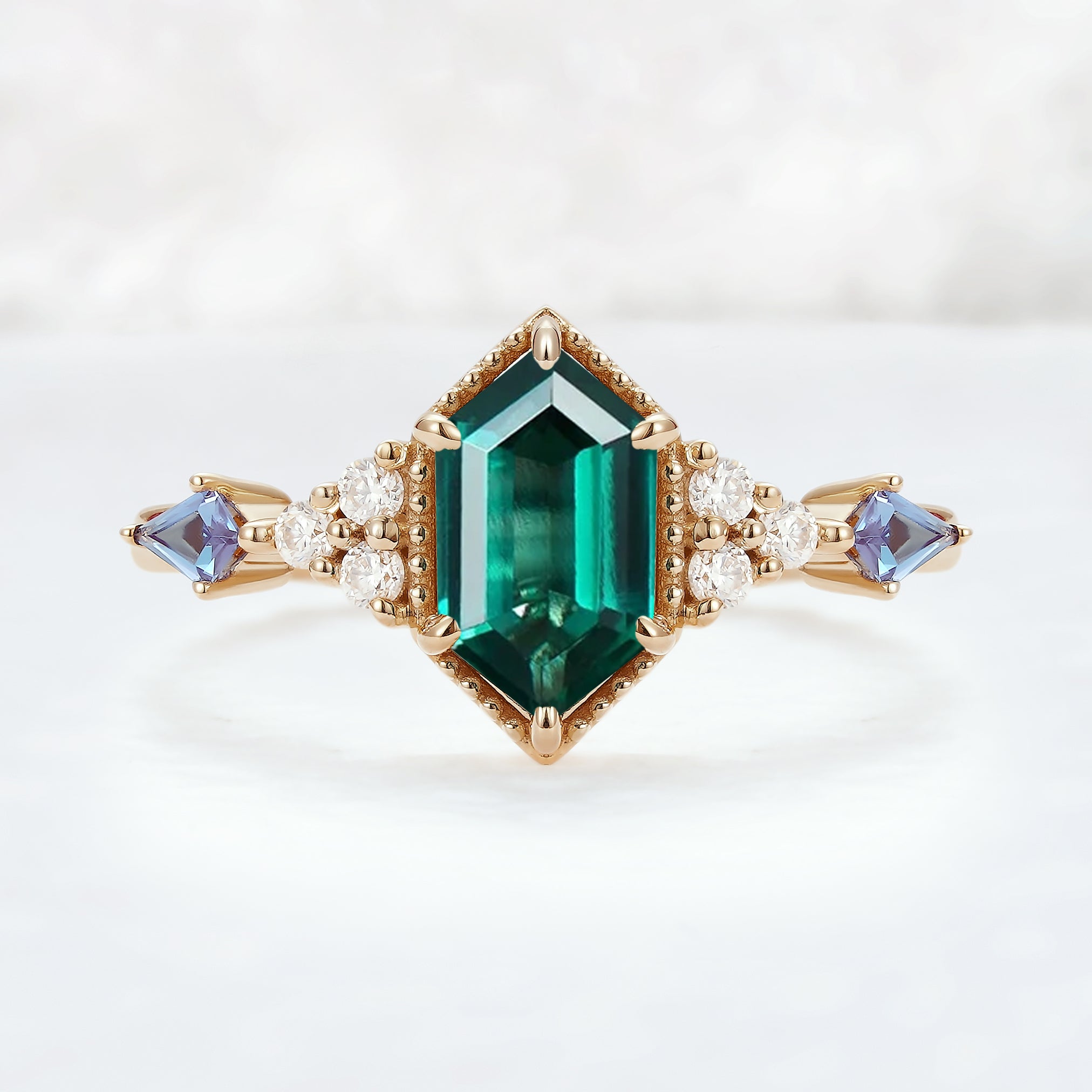 Unique Hexagon Cut Emerald and Moissanite Ring - Iver Jewelry