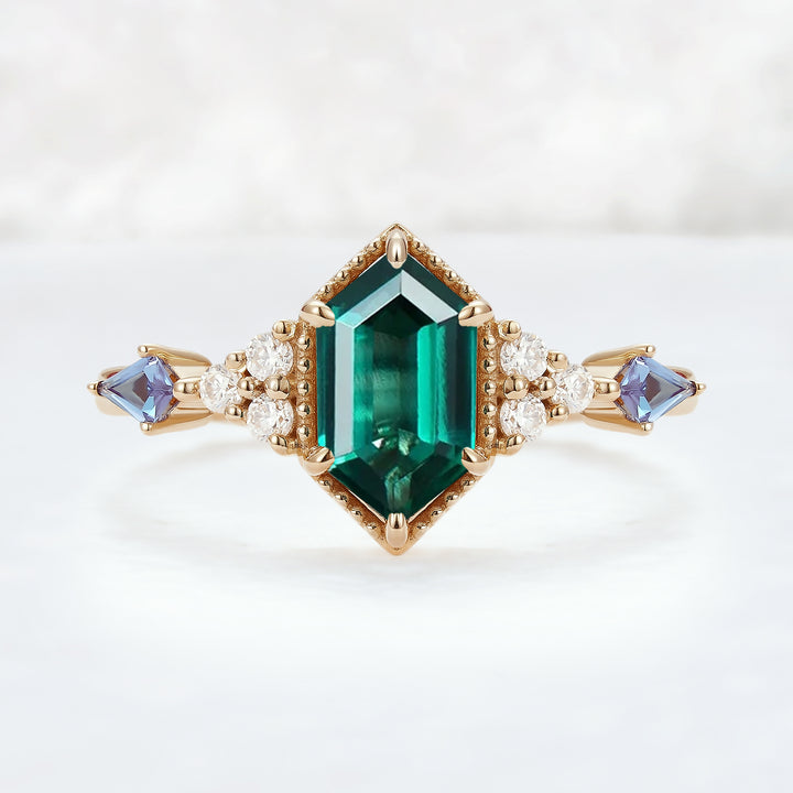 Unique Hexagon Cut Emerald and Moissanite Ring - Iver Jewelry