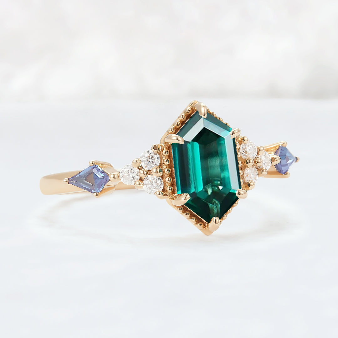 Unique Hexagon Cut Emerald and Moissanite Ring - Iver Jewelry