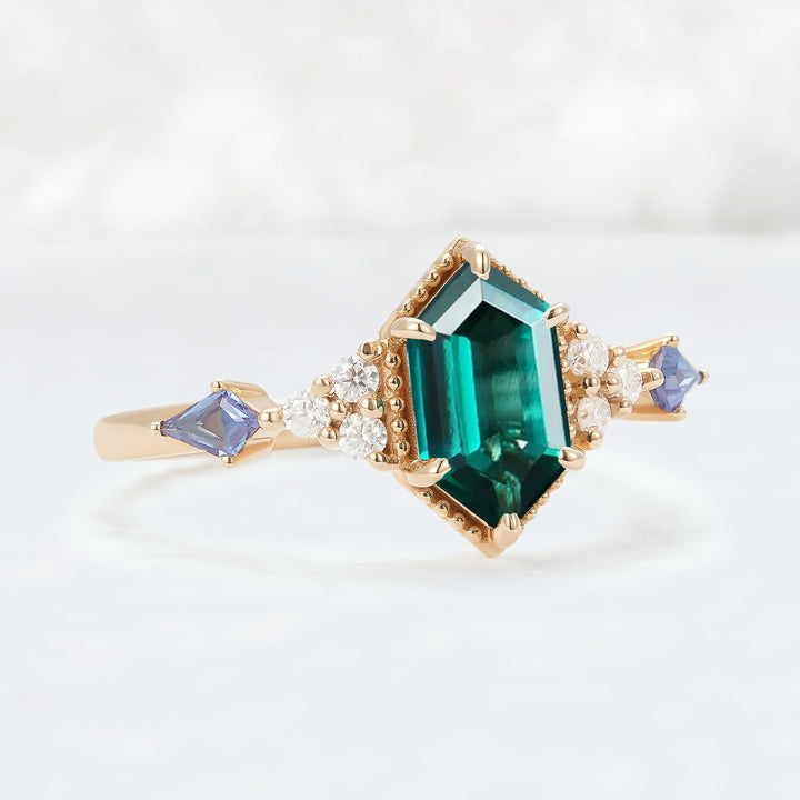 Unique Hexagon Cut Emerald and Moissanite Ring - Iver Jewelry