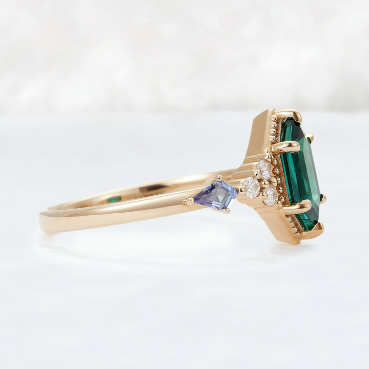 Unique Hexagon Cut Emerald and Moissanite Ring - Iver Jewelry