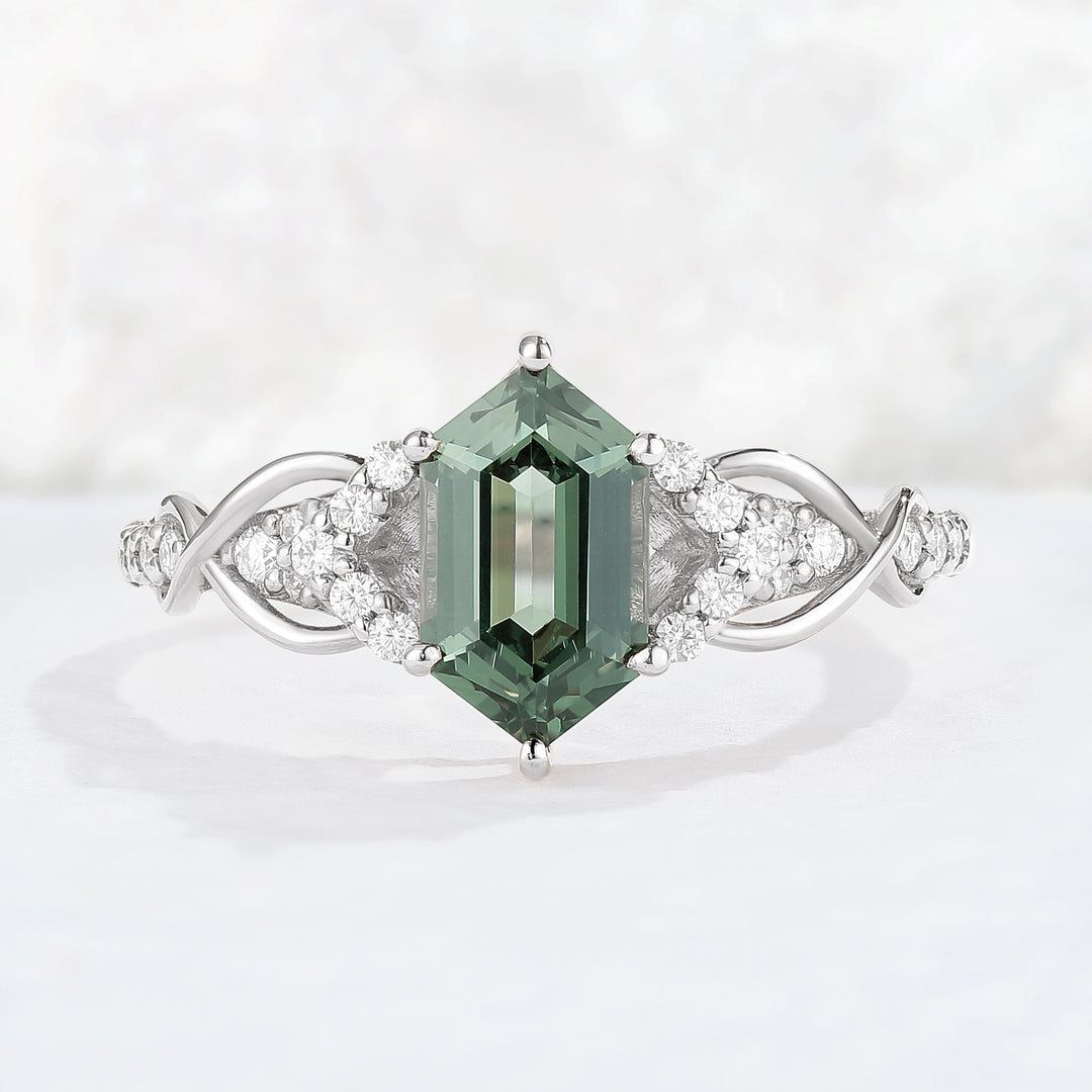 Unique Hexagon Cut Green Sapphire Vine Gemstone Ring