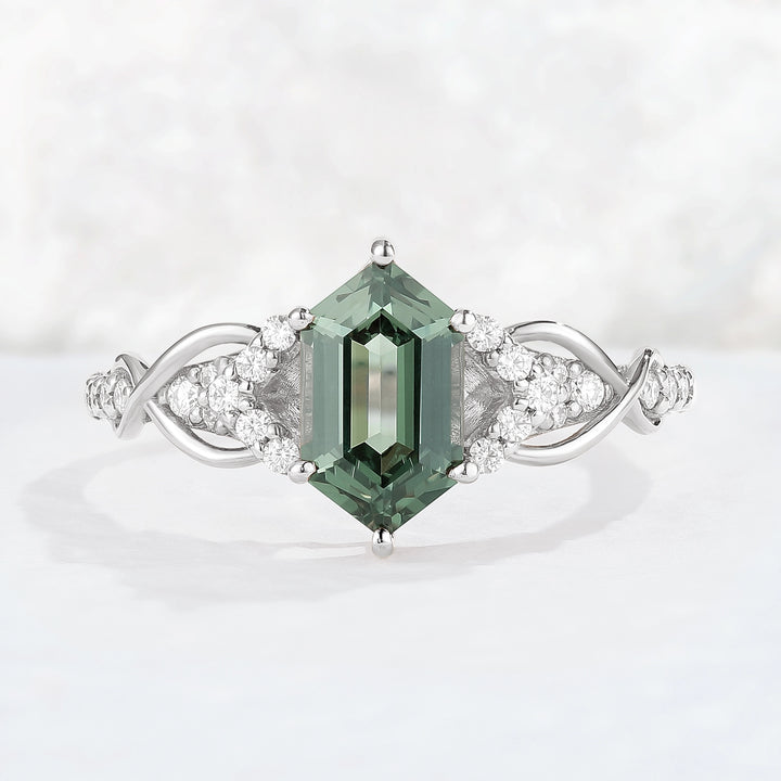 Unique Hexagon Cut Green Sapphire Vine Gemstone Ring