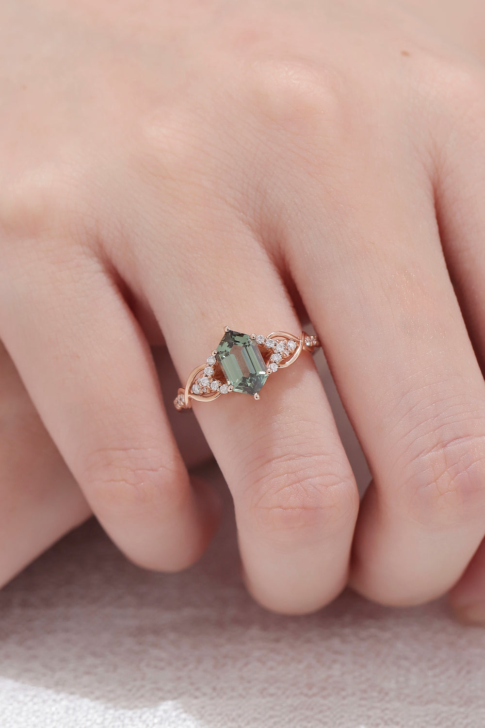 Unique Hexagon Cut Green Sapphire Vine Gemstone Ring