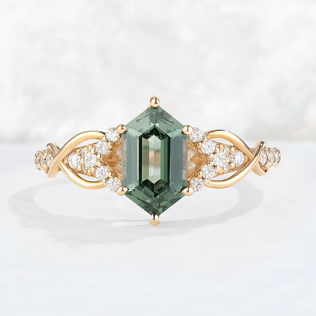 Unique Hexagon Cut Green Sapphire Vine Gemstone Ring