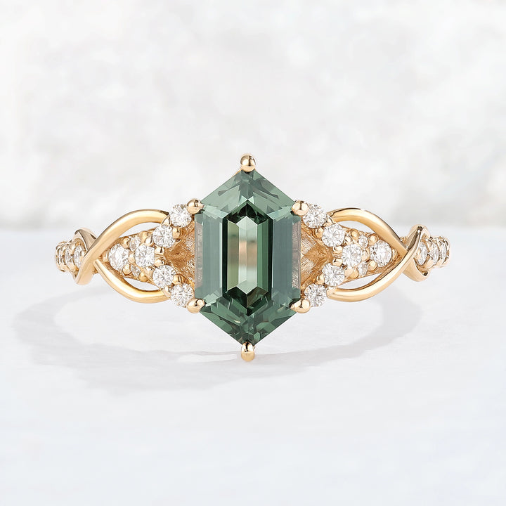 Unique Hexagon Cut Green Sapphire Vine Gemstone Ring