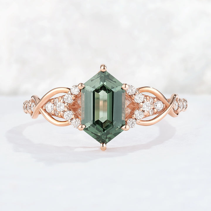 Unique Hexagon Cut Green Sapphire Vine Gemstone Ring