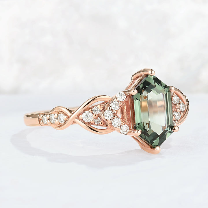 Unique Hexagon Cut Green Sapphire Vine Gemstone Ring