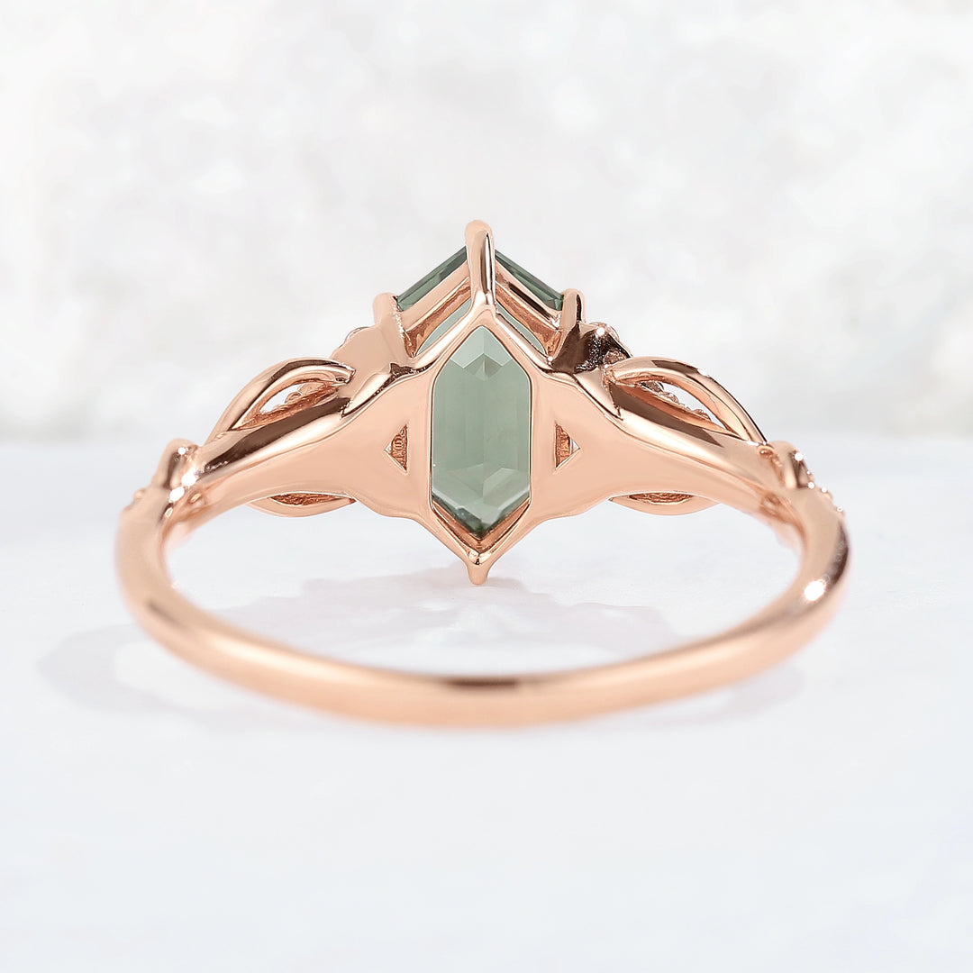 Unique Hexagon Cut Green Sapphire Vine Gemstone Ring