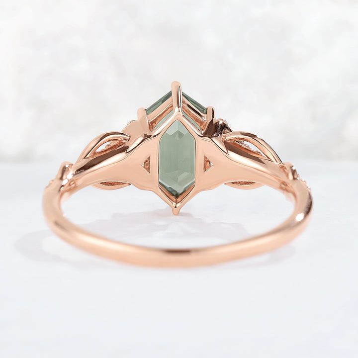 Unique Hexagon Cut Green Sapphire Vine Gemstone Ring