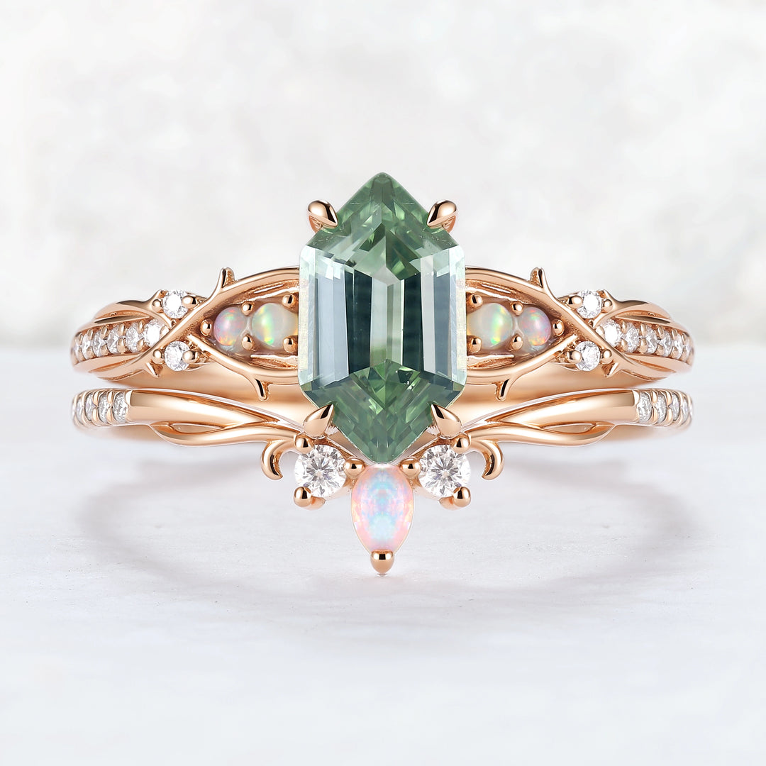 Unique Hexagon Cut Lab Green Sapphire Vine Gemstone Ring Set 2pcs