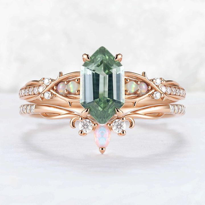 Unique Hexagon Cut Lab Green Sapphire Vine Gemstone Ring Set 2pcs