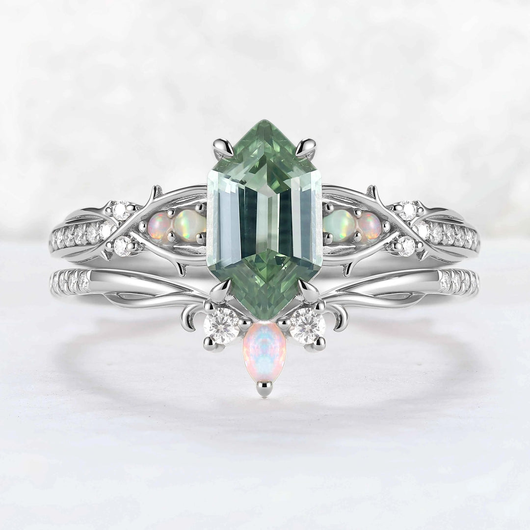 Unique Hexagon Cut Lab Green Sapphire Vine Gemstone Ring Set 2pcs