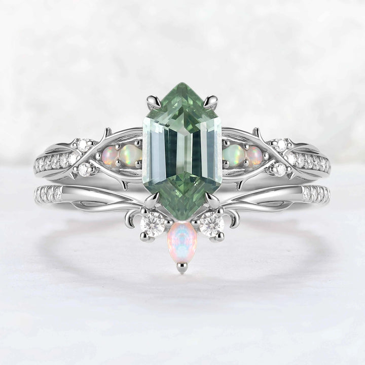 Unique Hexagon Cut Lab Green Sapphire Vine Gemstone Ring Set 2pcs