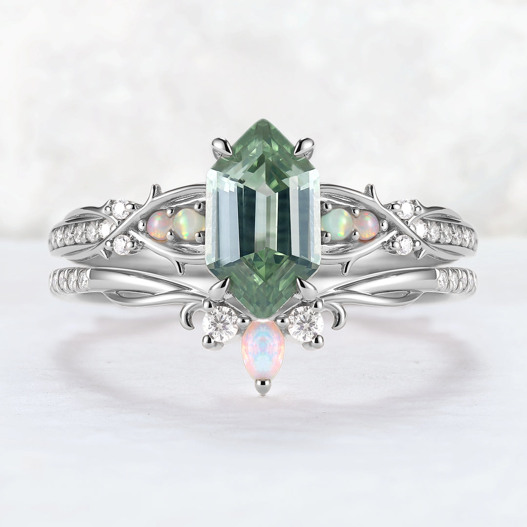 Unique Hexagon Cut Lab Green Sapphire Vine Gemstone Ring Set 2pcs