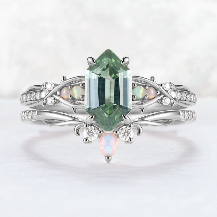 Unique Hexagon Cut Lab Green Sapphire Vine Gemstone Ring Set 2pcs