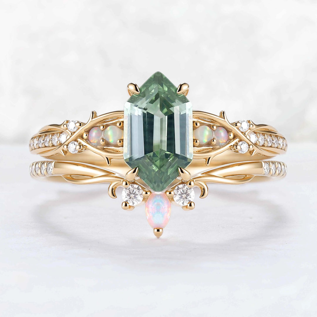 Unique Hexagon Cut Lab Green Sapphire Vine Gemstone Ring Set 2pcs