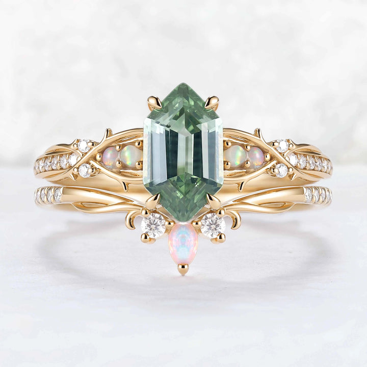 Unique Hexagon Cut Lab Green Sapphire Vine Gemstone Ring Set 2pcs
