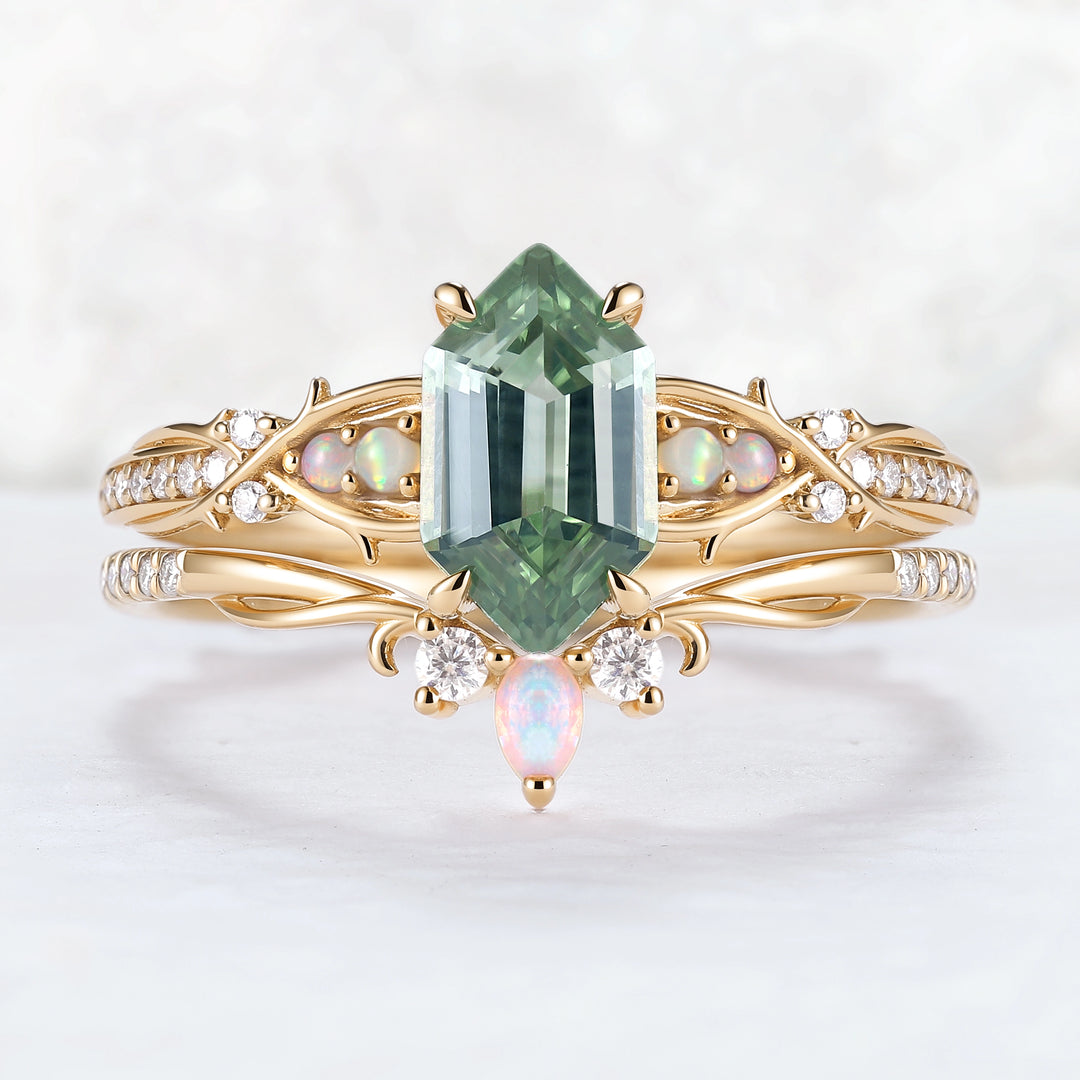 Unique Hexagon Cut Lab Green Sapphire Vine Gemstone Ring Set 2pcs