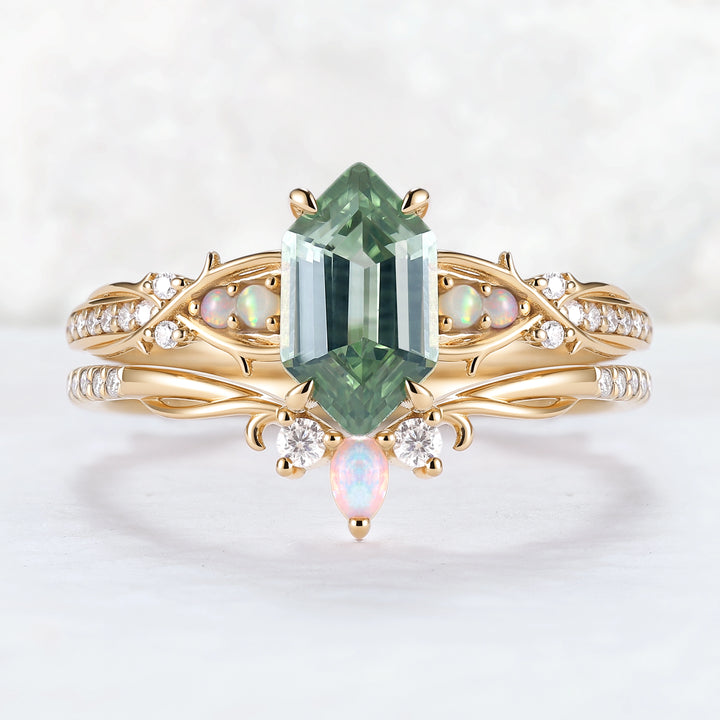 Unique Hexagon Cut Lab Green Sapphire Vine Gemstone Ring Set 2pcs