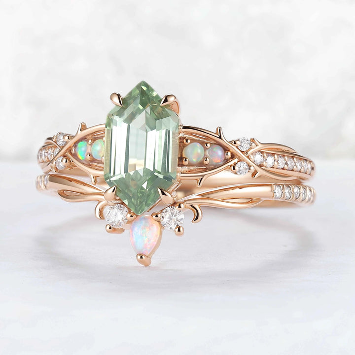 Unique Hexagon Cut Lab Green Sapphire Vine Gemstone Ring Set 2pcs