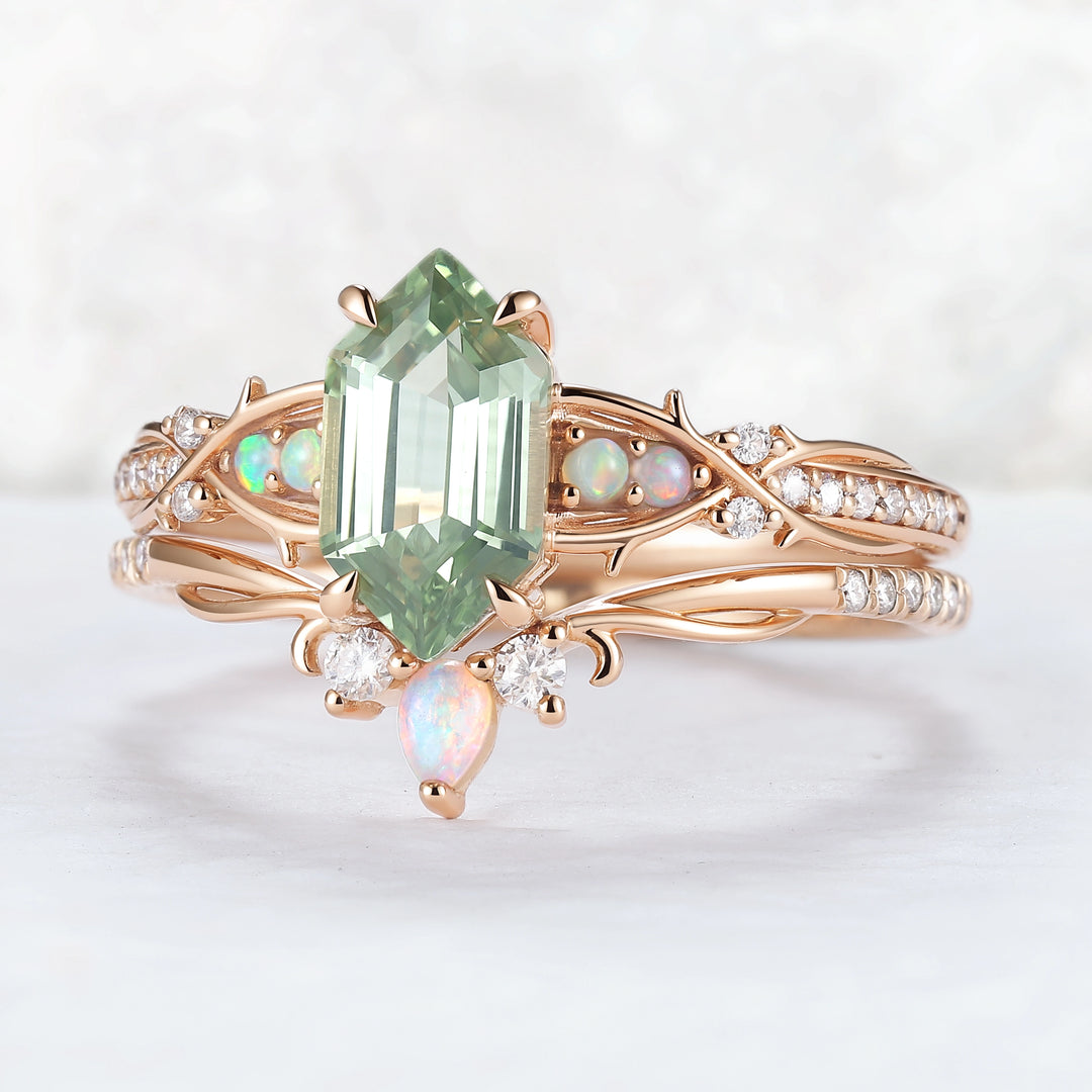 Unique Hexagon Cut Lab Green Sapphire Vine Gemstone Ring Set 2pcs