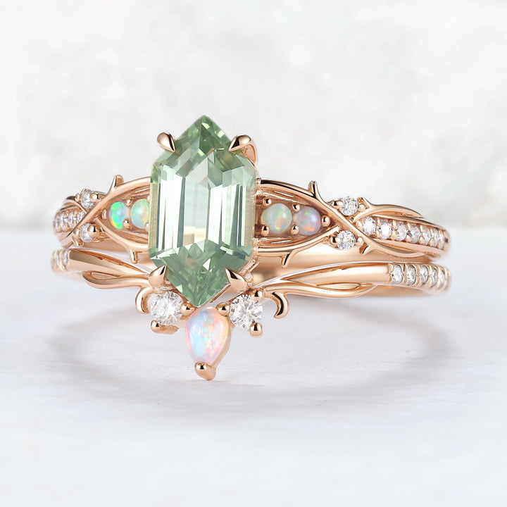 Unique Hexagon Cut Lab Green Sapphire Vine Gemstone Ring Set 2pcs