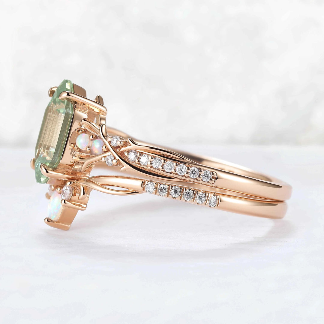 Unique Hexagon Cut Lab Green Sapphire Vine Gemstone Ring Set 2pcs