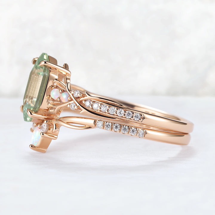 Unique Hexagon Cut Lab Green Sapphire Vine Gemstone Ring Set 2pcs