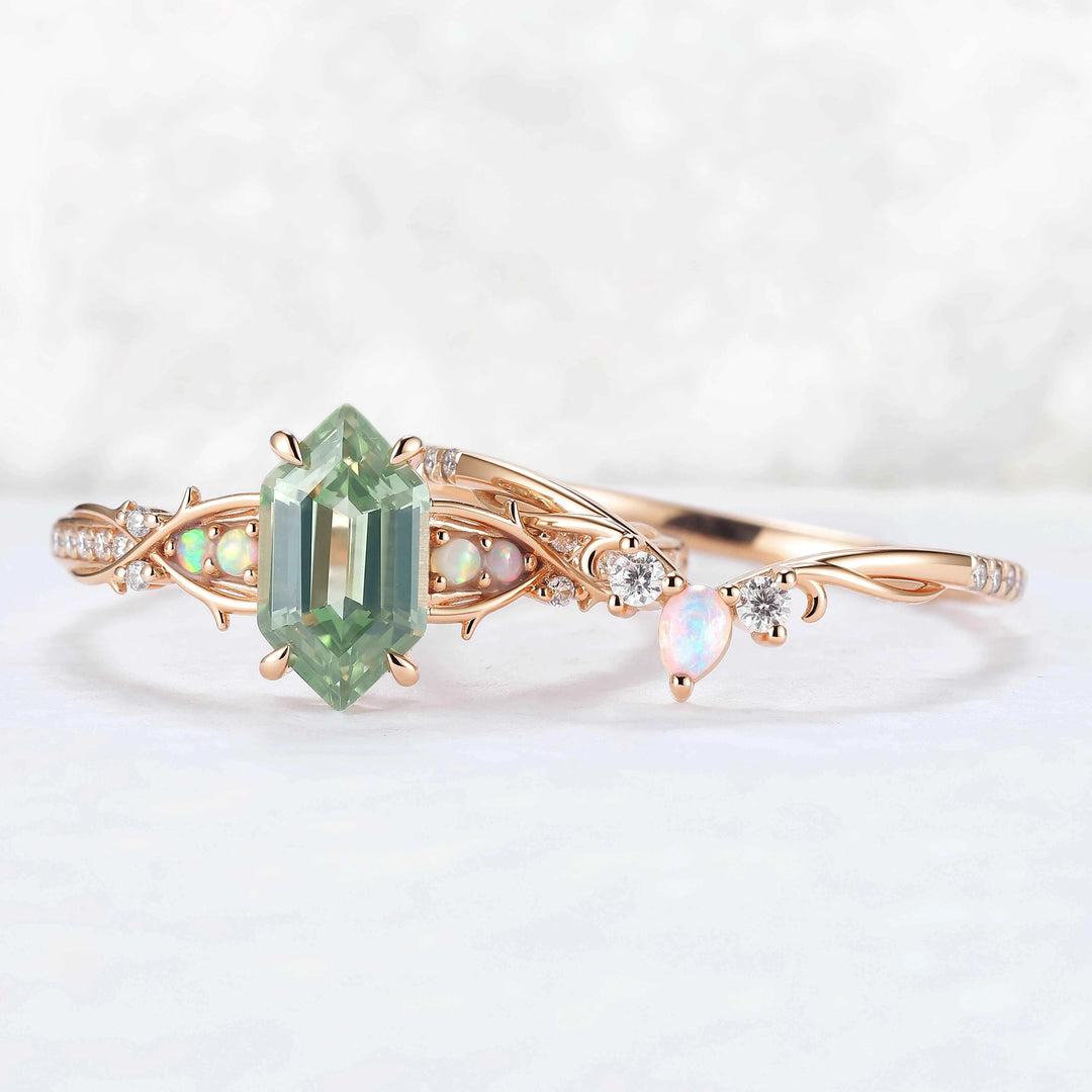 Unique Hexagon Cut Lab Green Sapphire Vine Gemstone Ring Set 2pcs