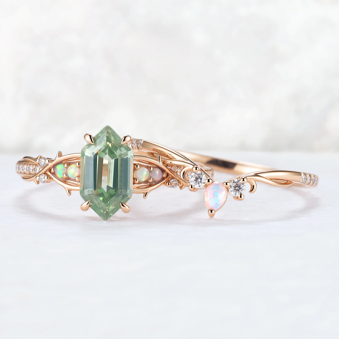 Unique Hexagon Cut Lab Green Sapphire Vine Gemstone Ring Set 2pcs