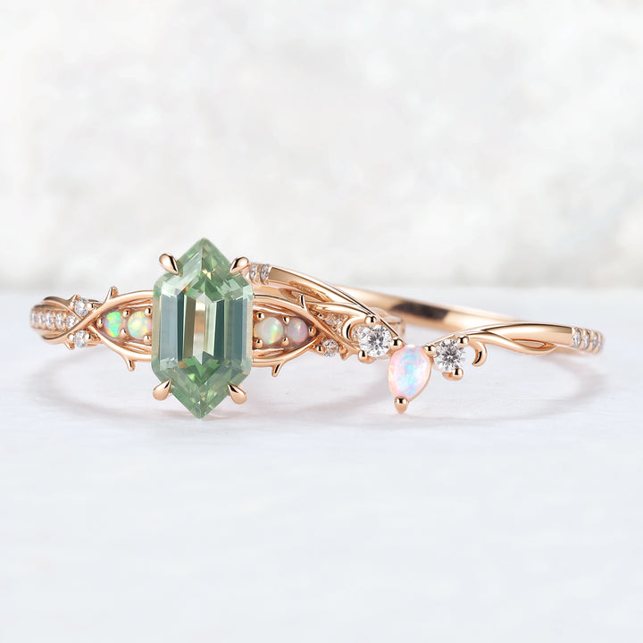 Unique Hexagon Cut Lab Green Sapphire Vine Gemstone Ring Set 2pcs