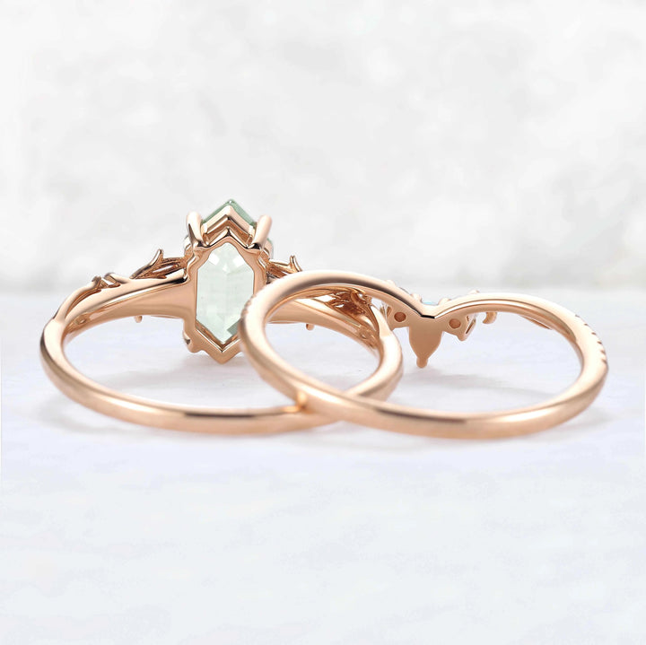 Unique Hexagon Cut Lab Green Sapphire Vine Gemstone Ring Set 2pcs